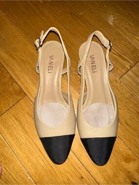 Vaneli Two-Tone Beige Slingback Pumps with Black Cap Toe